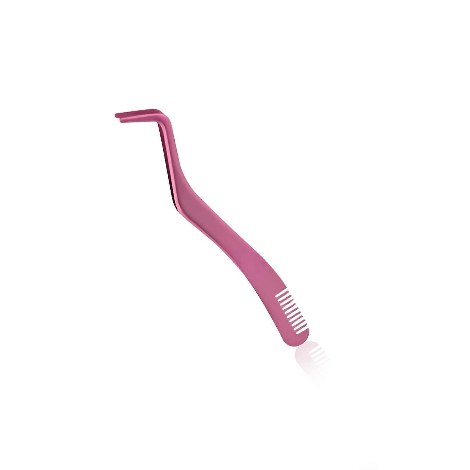 Double Sided Eyelash Tool with Integrated Comb, Curved Tweezers (Pink)