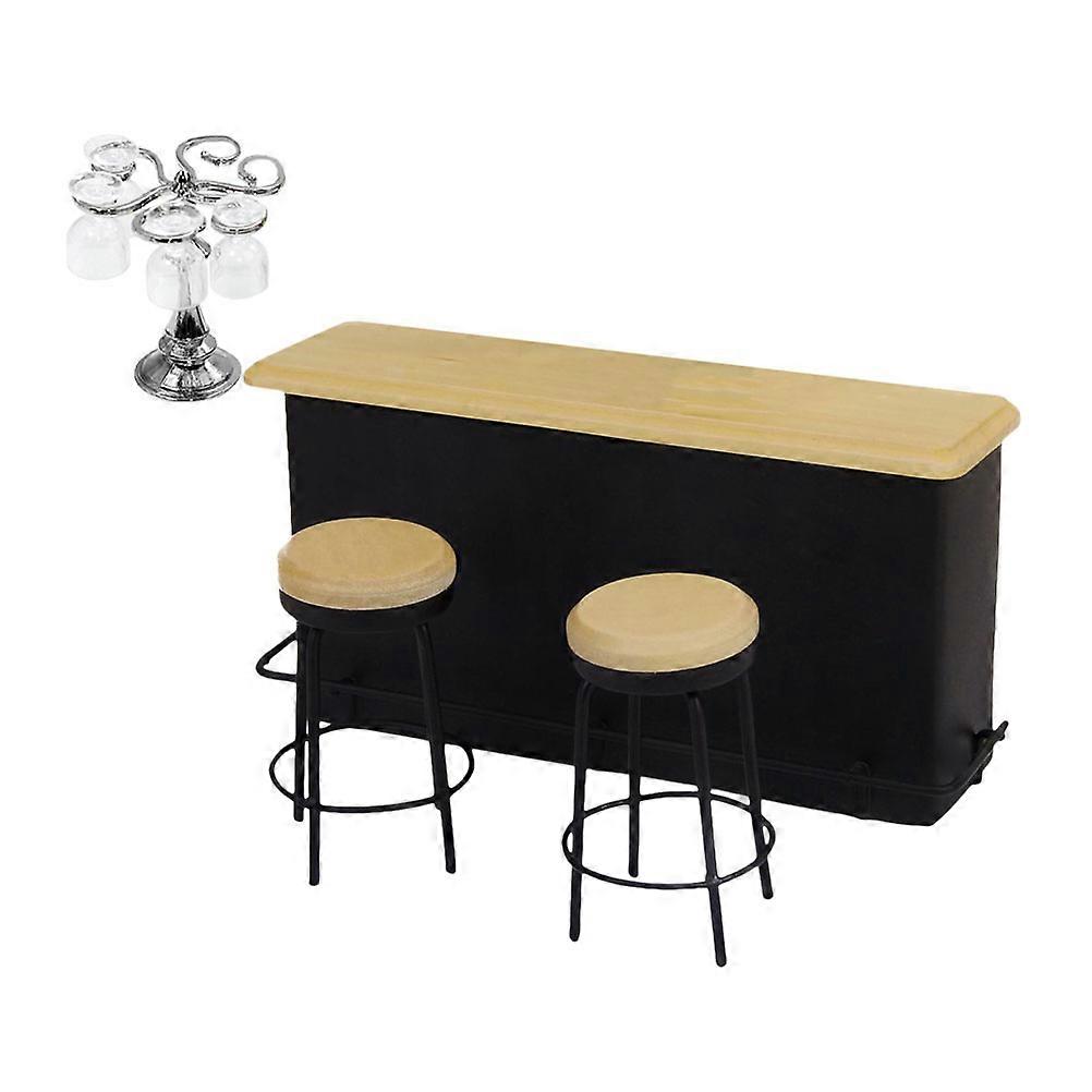 Miniature Bar Counter Set with Silver Rack and Square Base Wine Glasses, Bar Stools, and Dollhouse Accessories for Mini House Decoration and Play