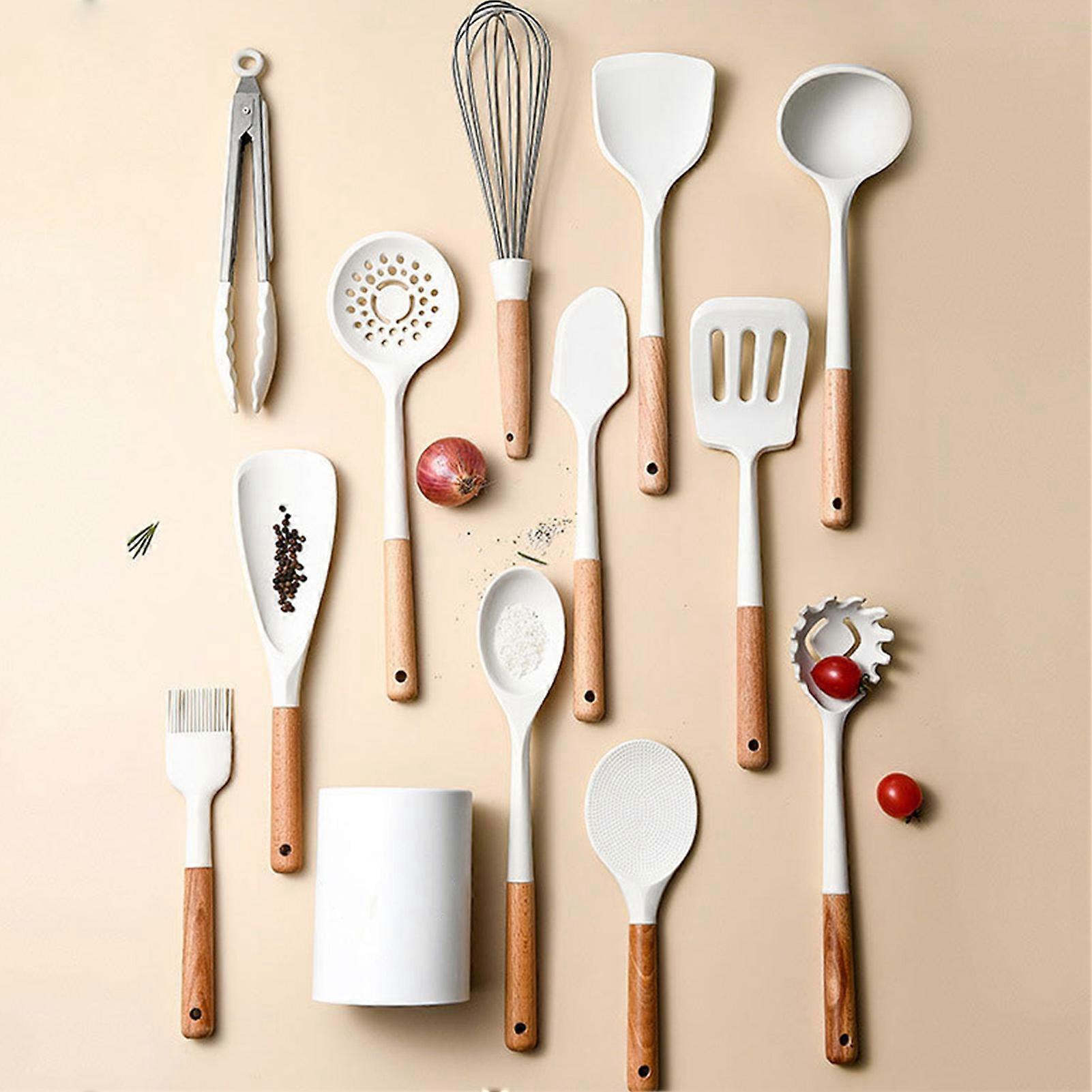 12pcs Silicone Kitchen Utensils Set with Wood Handle & Holder White
