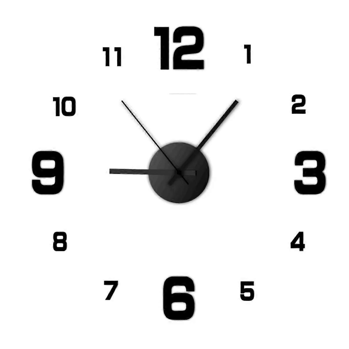 Modern Frameless DIY Wall Clock Large 3D Numbers Wall Watch Black