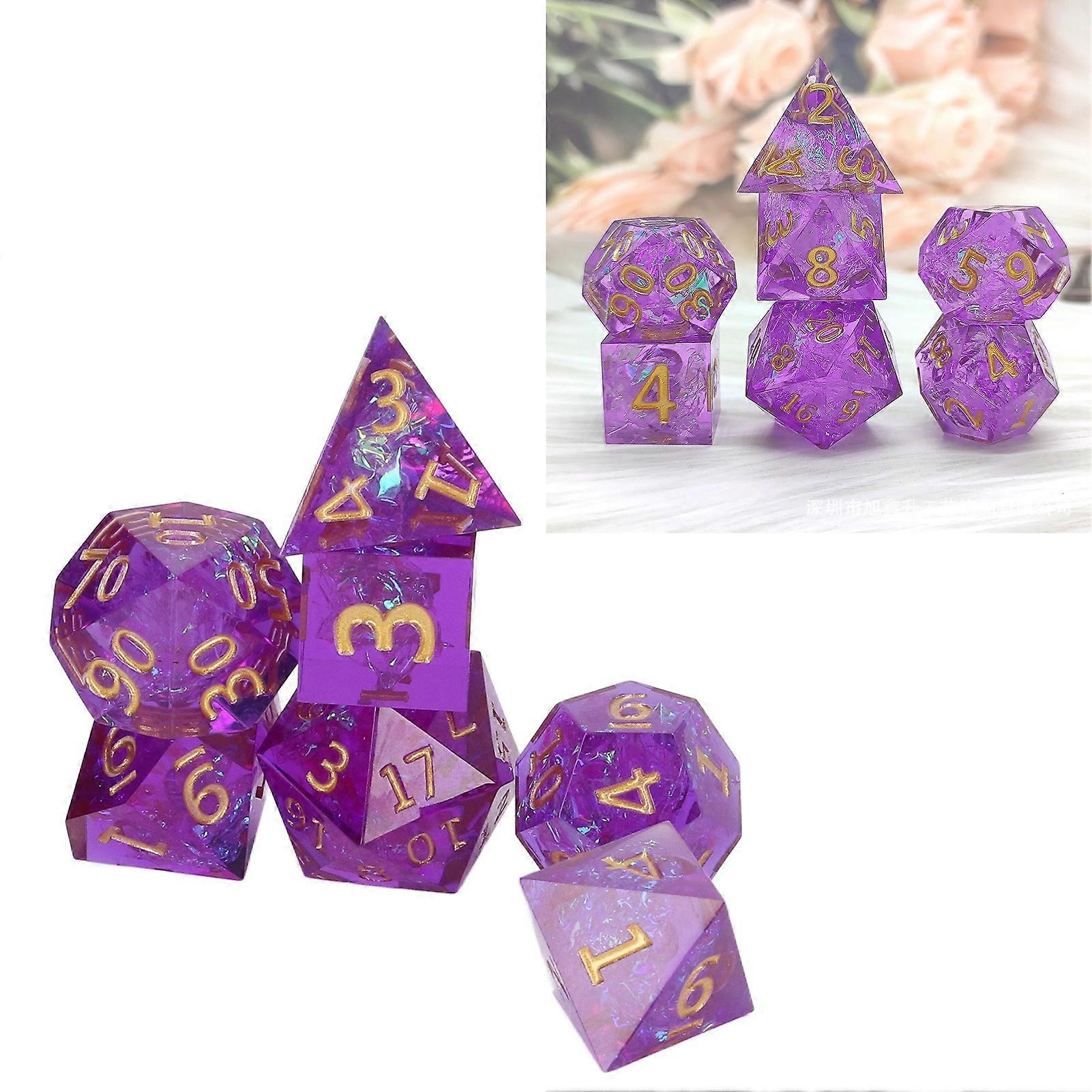7pcs Purple Epoxy Resin Polyhedral Dice Set Gold Numbers for RPG