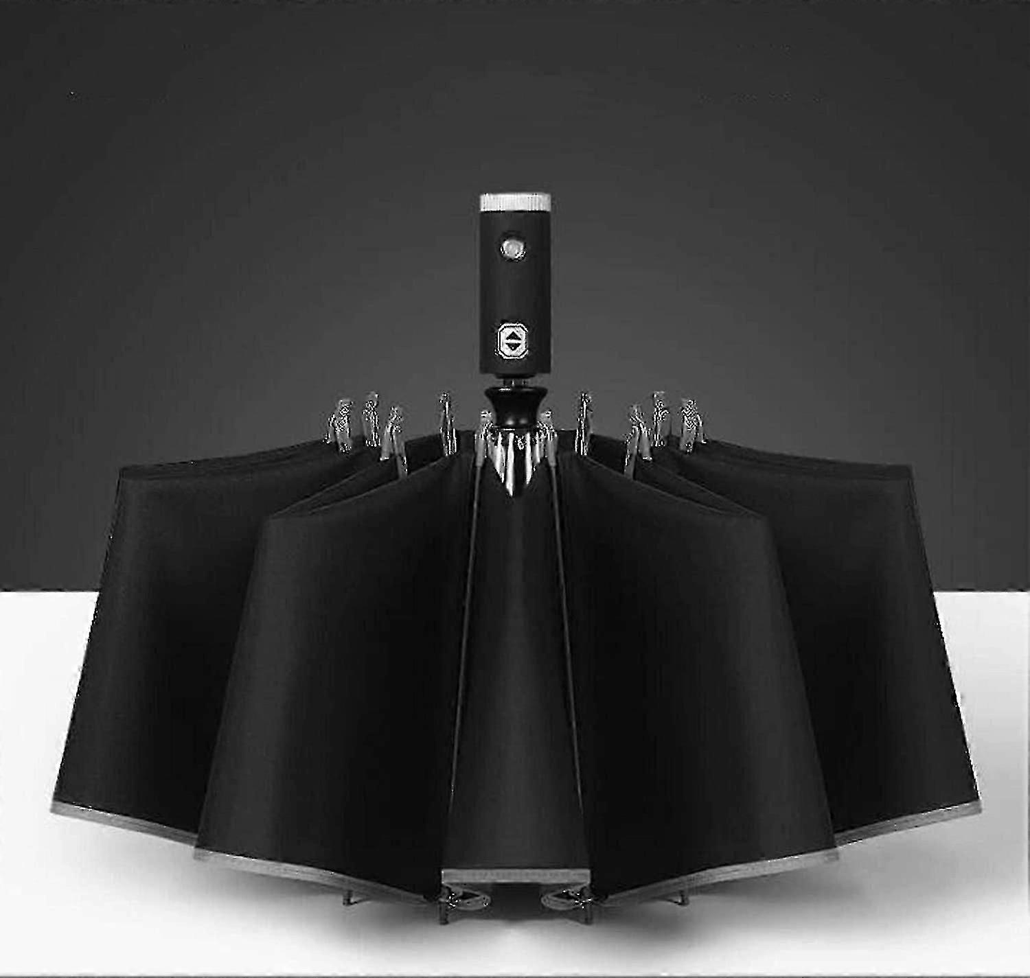 Auto Open Close Compact 3-Fold Umbrella with Reflective Strips & Built-in Flashlight, Windproof Inverted Design