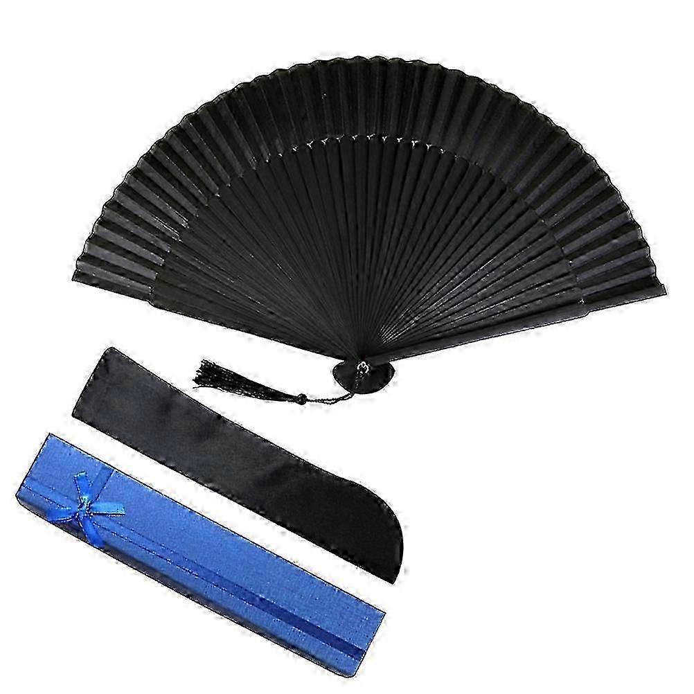 Men Foldable Fan Bamboo Bone Handheld Fan Chinese Folding Fan with Storage Bag and Paper Box (Black)