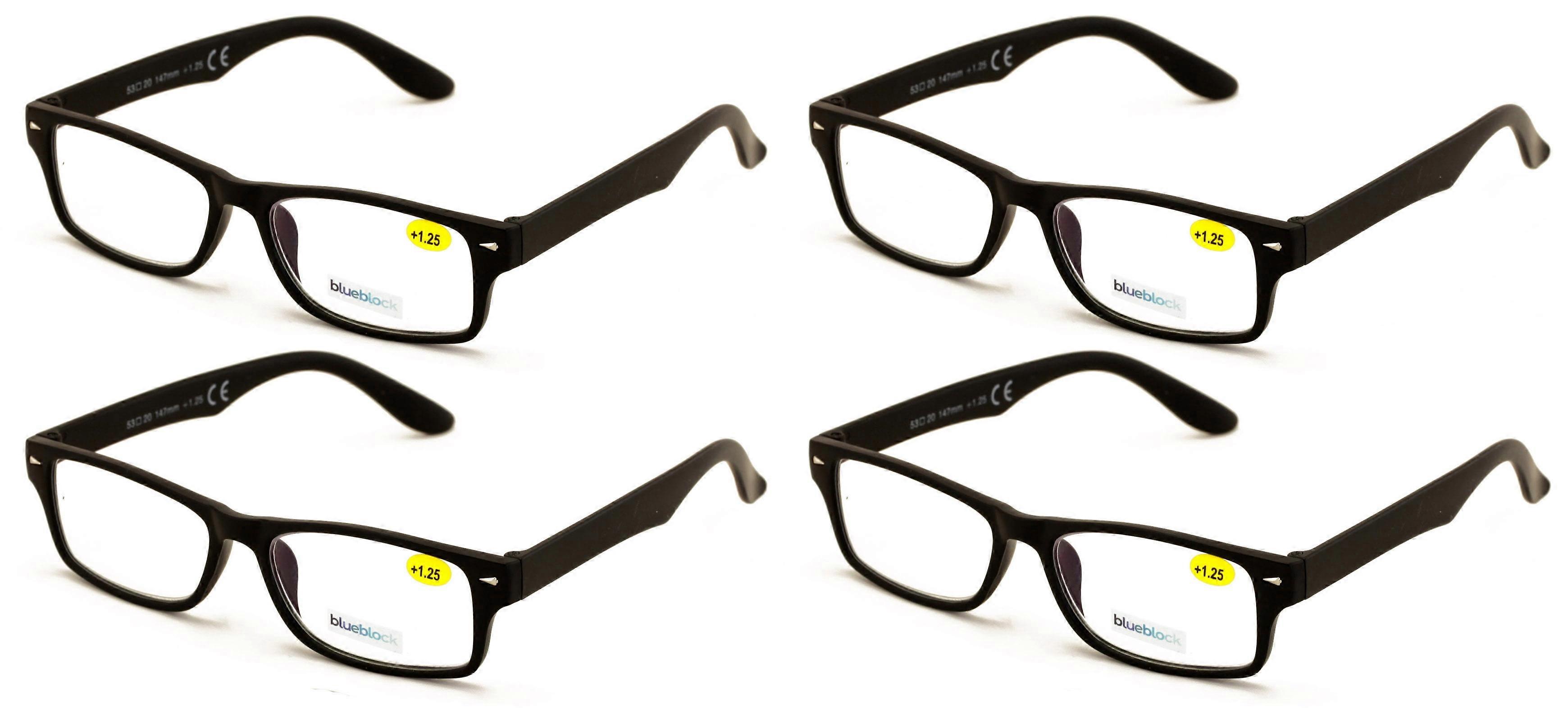 4 Pairs Simple Basic Reading Glasses Blue Blocker Black - Computer Anti Fatigue UV Protection Reader +2.25