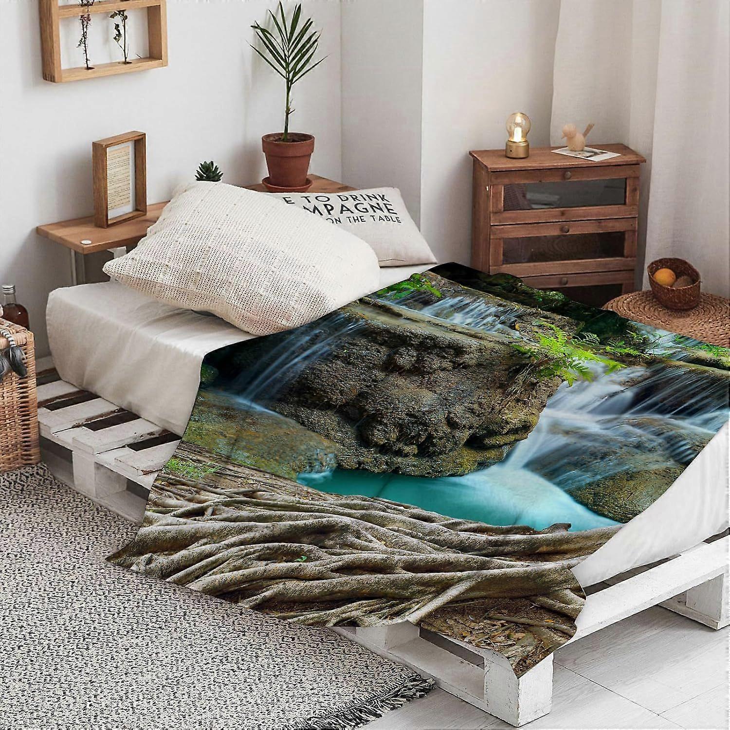 varmt blødt vandfald, gamle trærødder og vandfaldslandskab i d kaste tæppe, vinter varm sovesofa kaste seng picnic tæppe kaste over blød plys gar