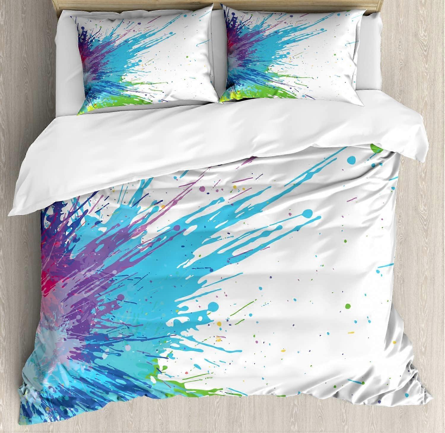 Abstract Duvet Cover, Grunge Paint Splashes on Tainted Backdrop, 3 Pcs Set with 2 Pillowcases, White Aqua – compatible with standard sizes