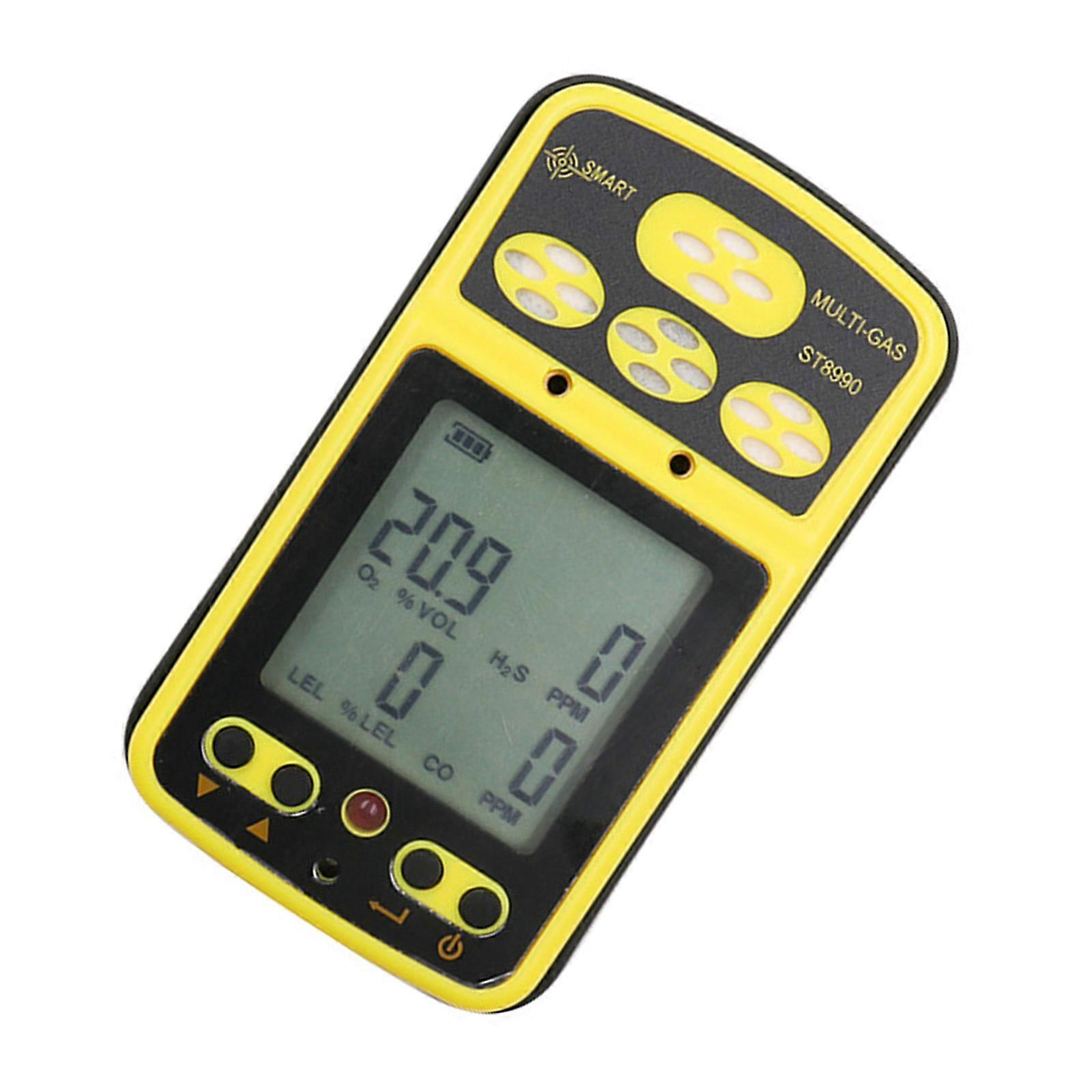 Fortschrittliches Gasüberwachungsgerät für CO, H₂S, O₂ und brennbare Gase mit LCD-Display, umfassender Sicherheitsprüfung und mehrfarbiger Anzeige.