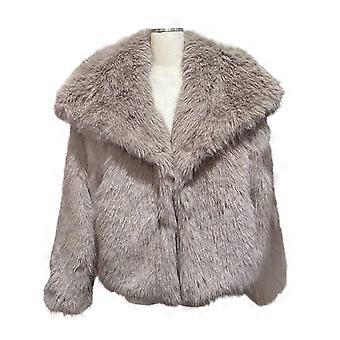 Luxurious Oversized Lapel Collar Winter Coat Faux Furs Warm Long Sleeve Fuzzy Plush Jacket Short Outerwear For Women  light khaki S