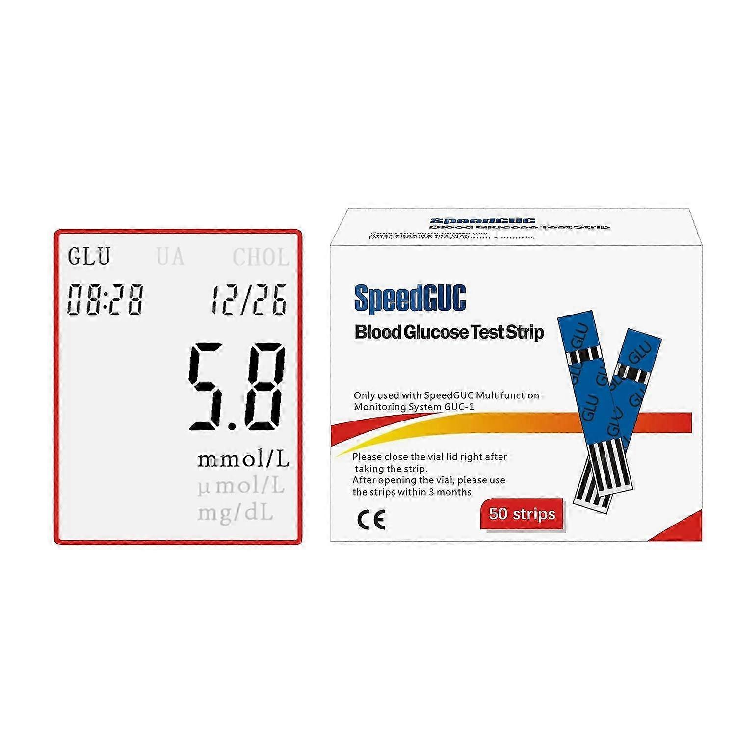 Blood glucose test strips for multi-function diabetes monitoring device with cholesterol and uric acid