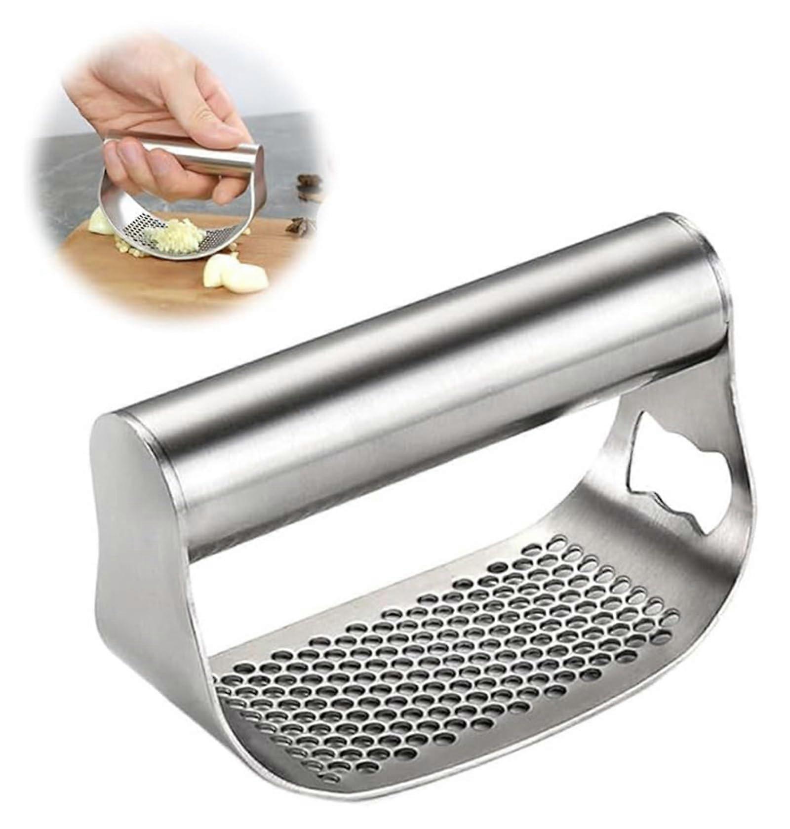 Stainless Steel Garlic Press Rocker with Ergonomic Handle and Bottle Opener for Effortless Mincing