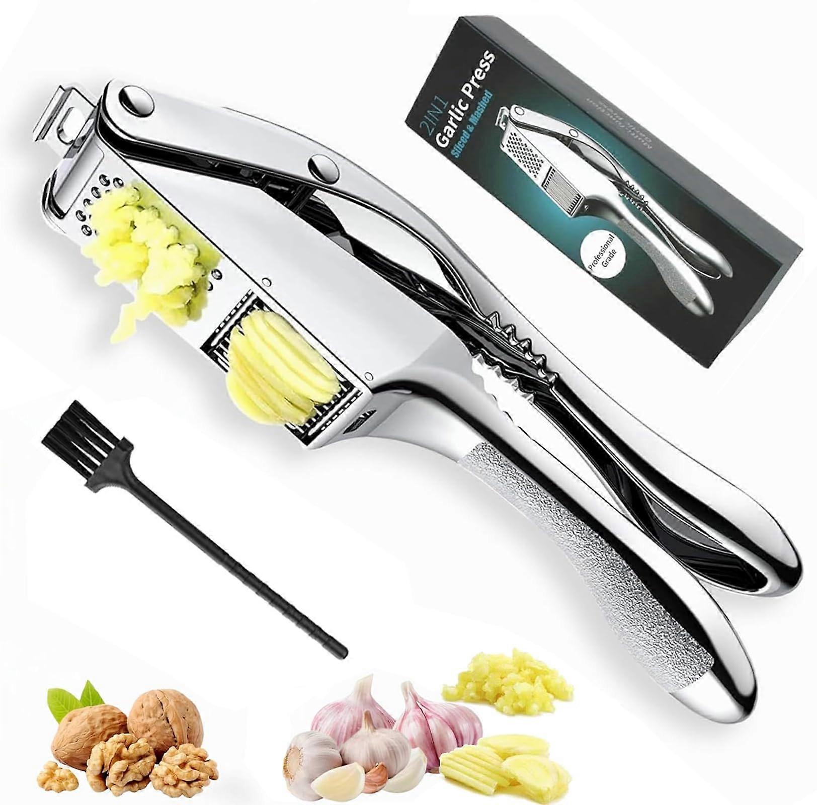 Garlic Press and Slicer 2 in 1 with Ergonomic Handle, Rust Proof Dishwasher Safe Garlic Mincer Silver