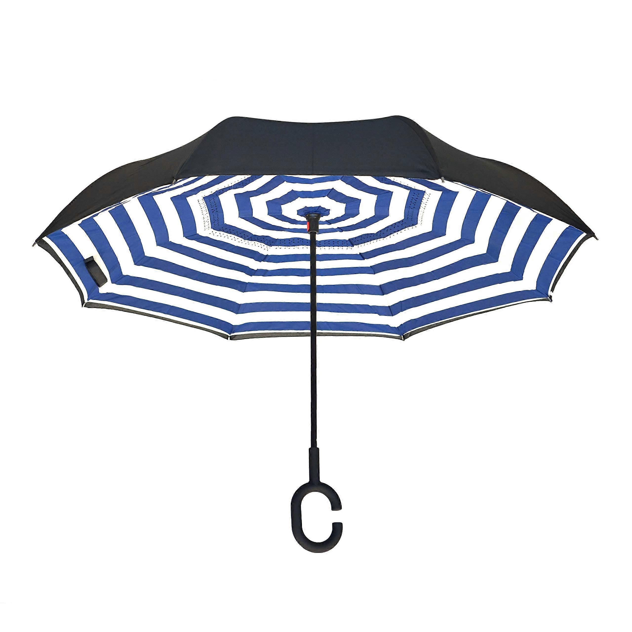 Reverse Umbrella Windproof Folding with CShape Handle UV Protection SelfStanding Navy Stripes