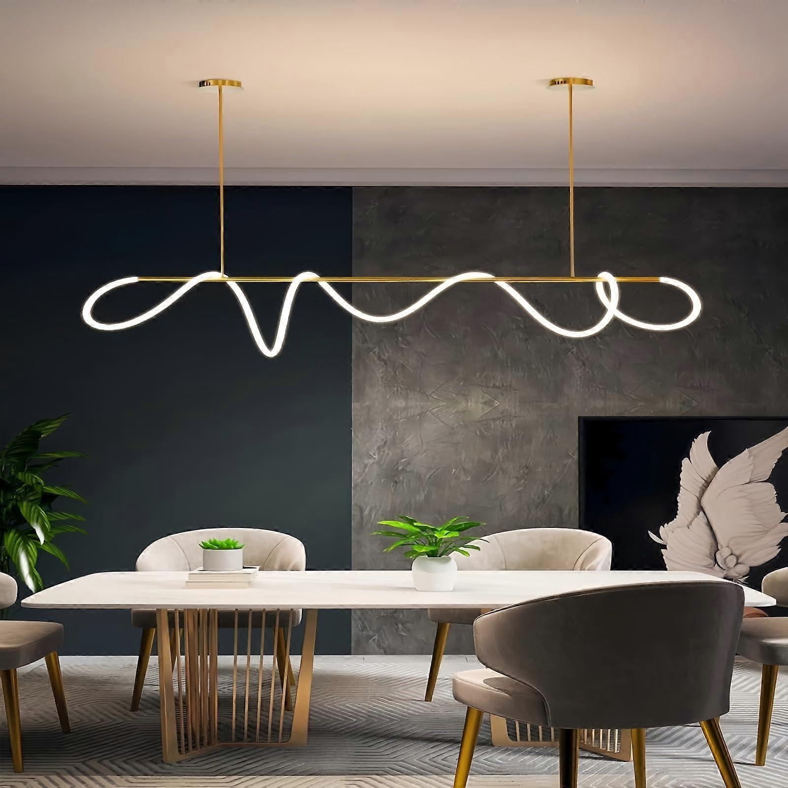 Modern Gold LED Linear Pendant Light 47In with Remote Dimming, 3 Color Modes for Dining Room