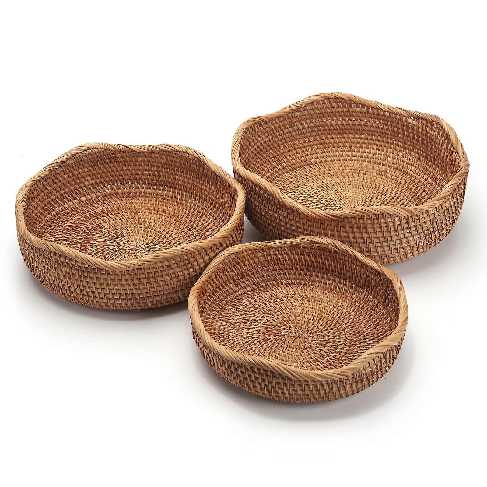 Rattan Basket Set of 3 Round Handwoven Fruit Snack Bowls Stackable EcoFriendly Storage
