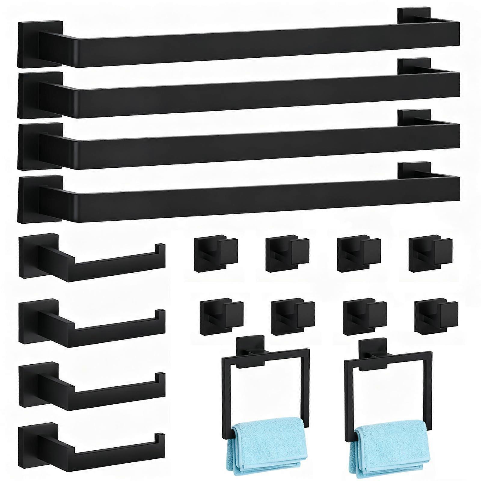 20Piece Matte Black Bathroom Hardware Set, Rustproof 304 Stainless Steel, Towel Bar and Hooks