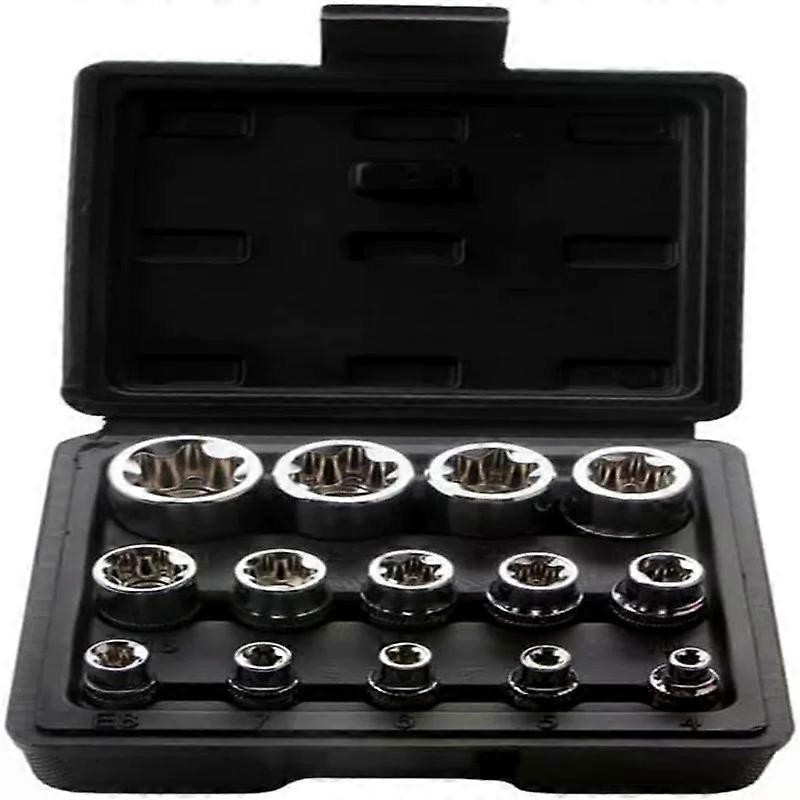 14Pcs/Set Female E Torx Socket Set with Case, 1/4, 3/8, 1/2 in. Drive External Torque Star Socket Kit