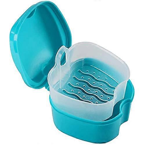 Blue Denture Cup with Strainer and Basket, Travel Denture Bath Box for Secure Teeth Storage