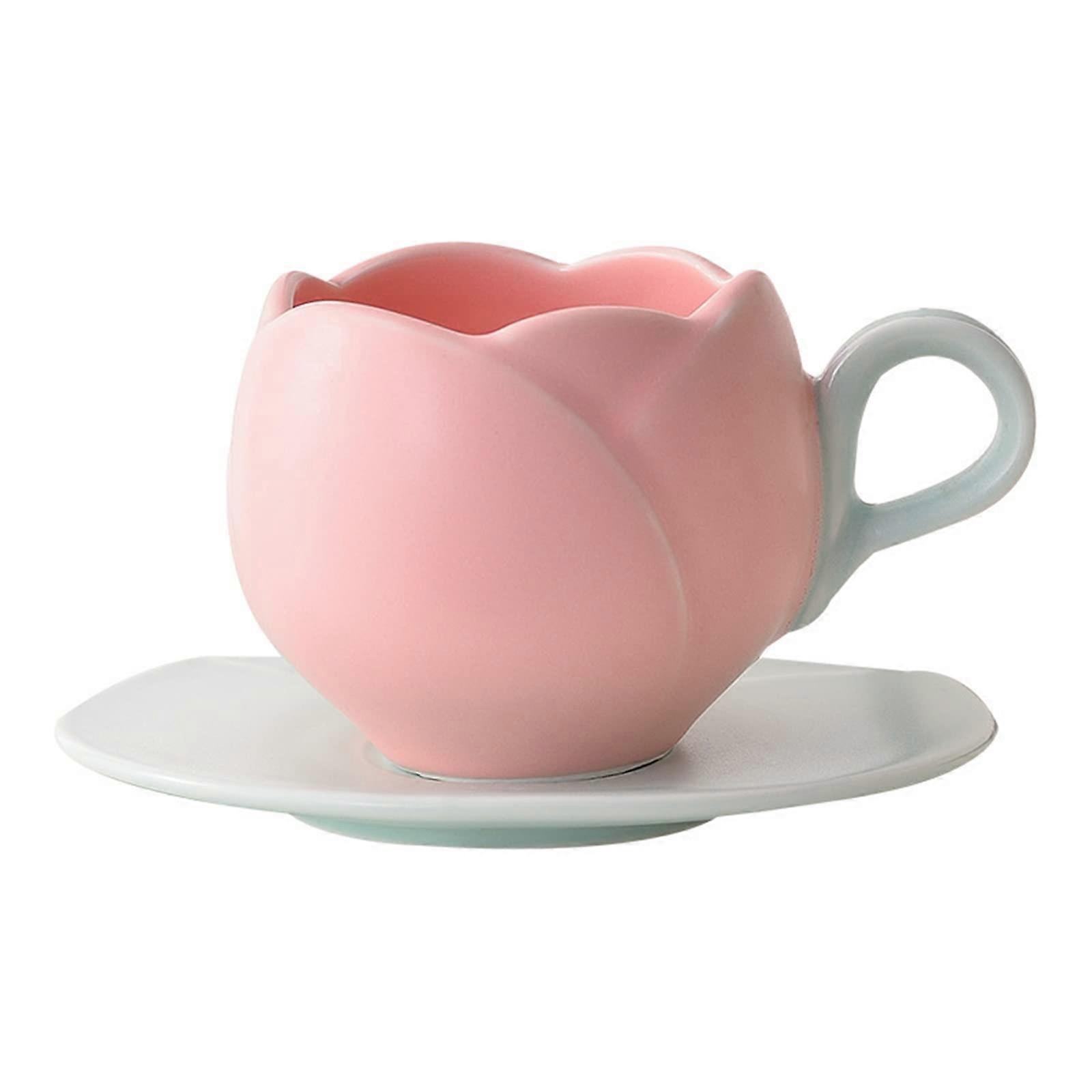 Ceramic Coffee Cup Tulip Shaped with Saucer, Round Handle Tea Cup Set for Couples