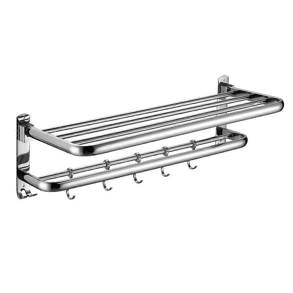 Foldable Wall Mounted Towel Rack with Hooks, Adjustable 50cm Stainless Steel Bathroom Shelf