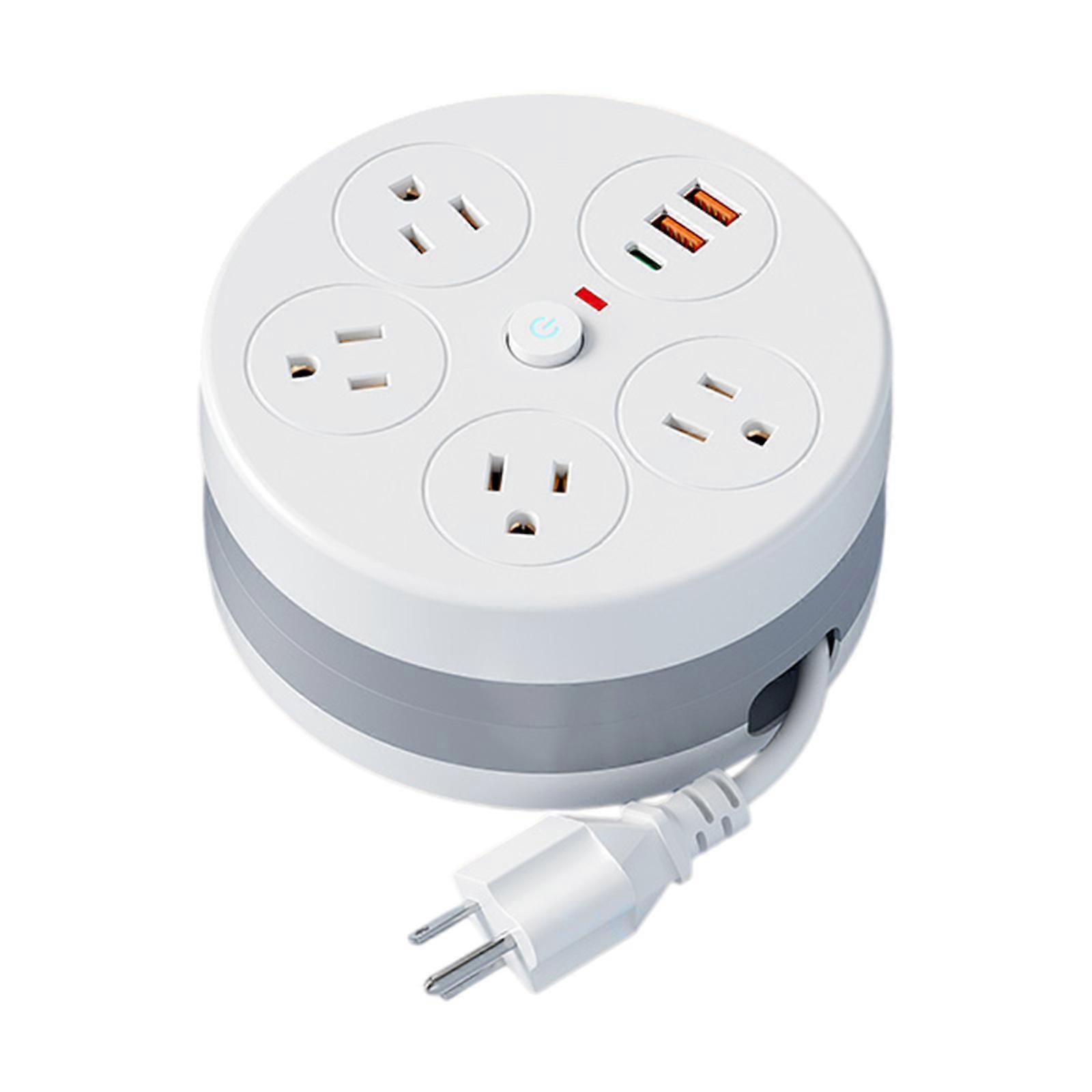 Practical Round Power Socket With USB C & USB A Port And Retractable Cable Suitable For Various Setting Multicolor