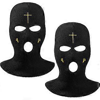3-Loch Skimaske mit Design 2 Stück Sturmhaube gestrickte Drei-Loch-Maske Mütze Winter Full Fac