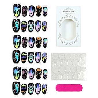 new_Black Press on Nails Medium Almonds Halloween Spooky-Ghost Fake Nails for Women Girls