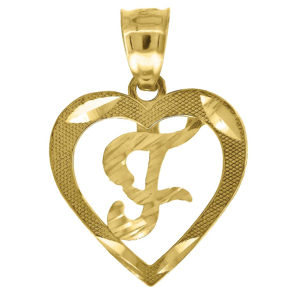 10k Yellow Gold Womens Sparkle Cut Love Heart Letter Name Personalized Monogram Initial F Charm Pendant Necklace 20.2x14