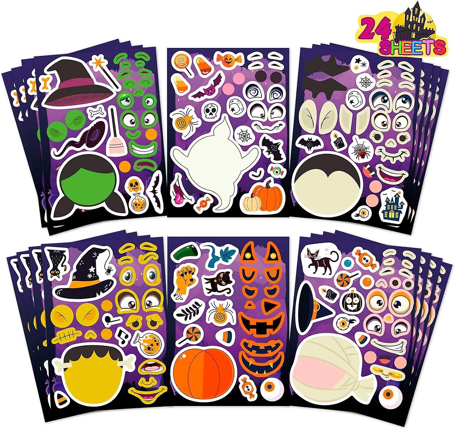 24 PCS Make-a-face Halloween Sticker Make Your Own Halloween Character Mix and Match Sticker with Vampire, Witch, Mummies Zombies
