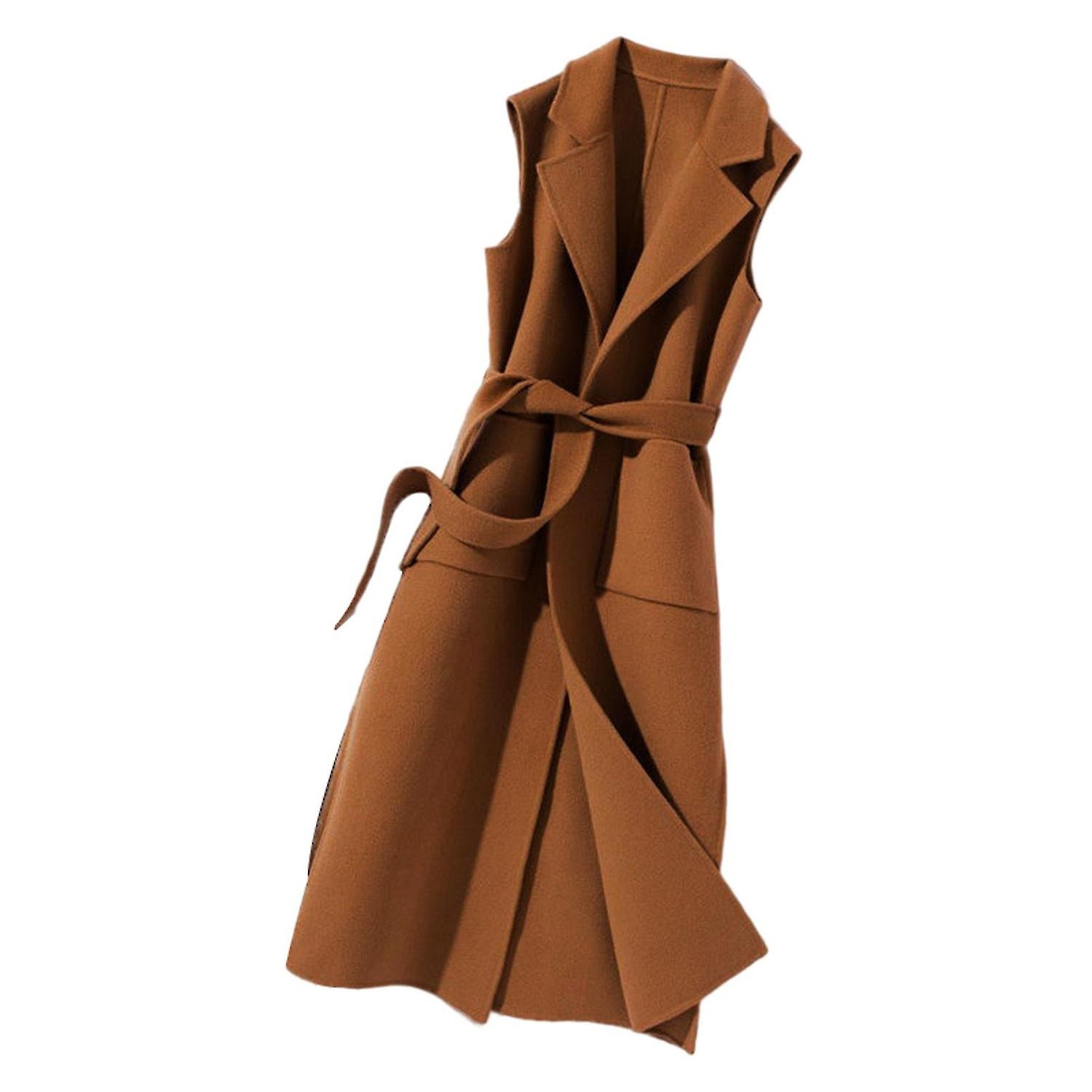 Kadın Yelek Turn-down Yaka Kolsuz Hırka Açık Dikiş Sıkı Bel Sıcak Tutun Kemer Gevşek Kalın L