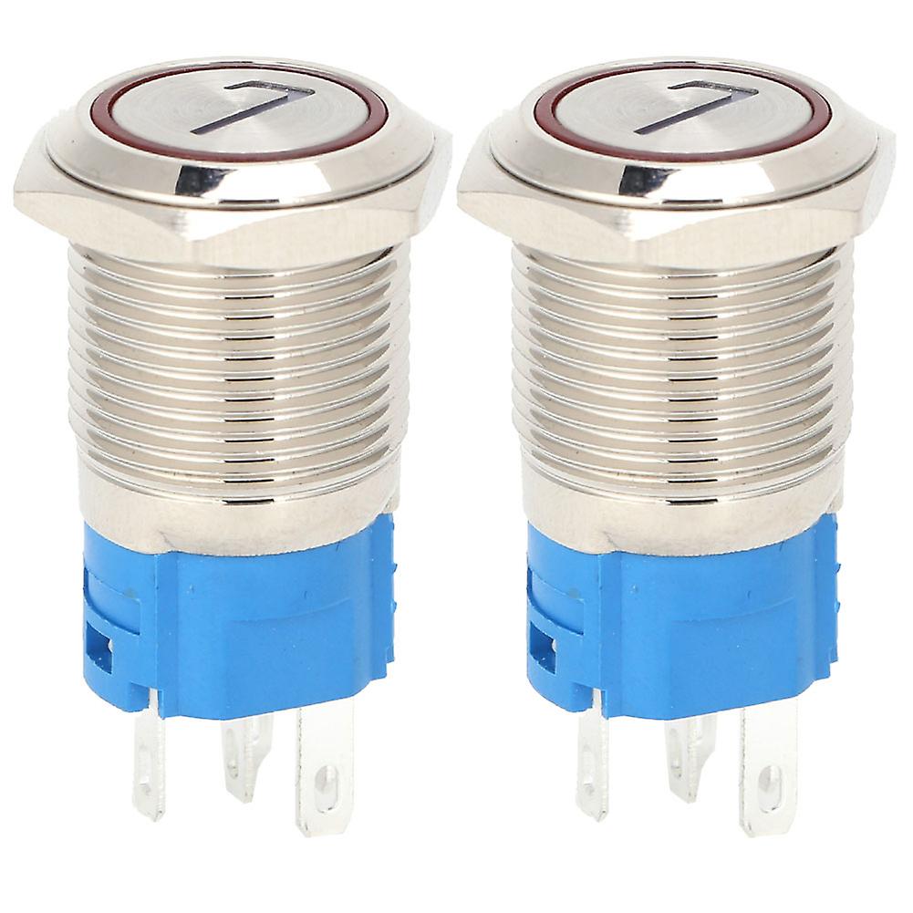 2PCS 16mm Red LED 5-Pin Stainless Steel Push Button Switch, Self-Reset, '7', 12VDC