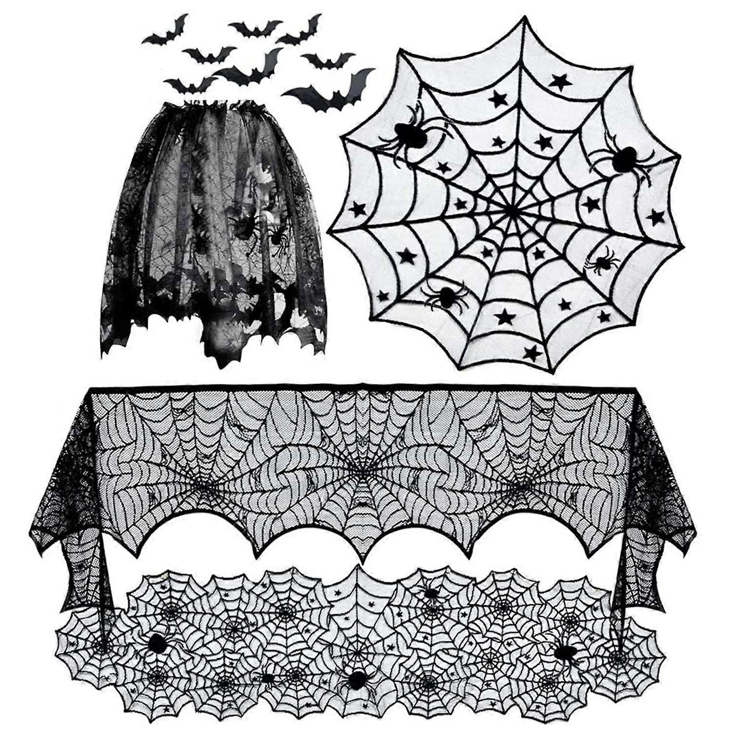 Halloween Tablecloth Decorations Spider Web Table Cloth Table Runner Fireplace Cloth Set Black Lace