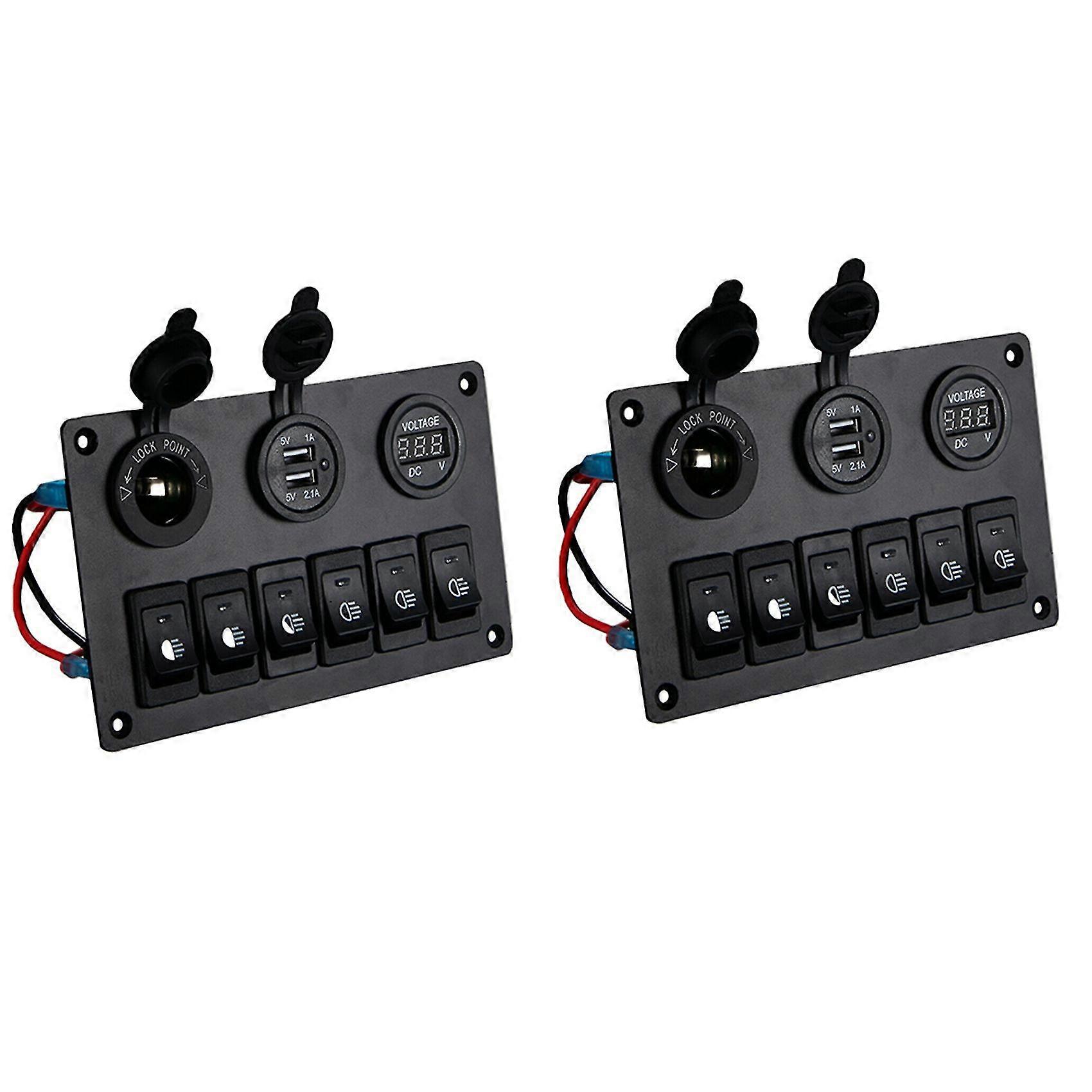 2x 6 Gang Switch Panel With 12v-24v Led Digital Voltmeter Dual Usb Charger Lighter Socket For Rv Tr