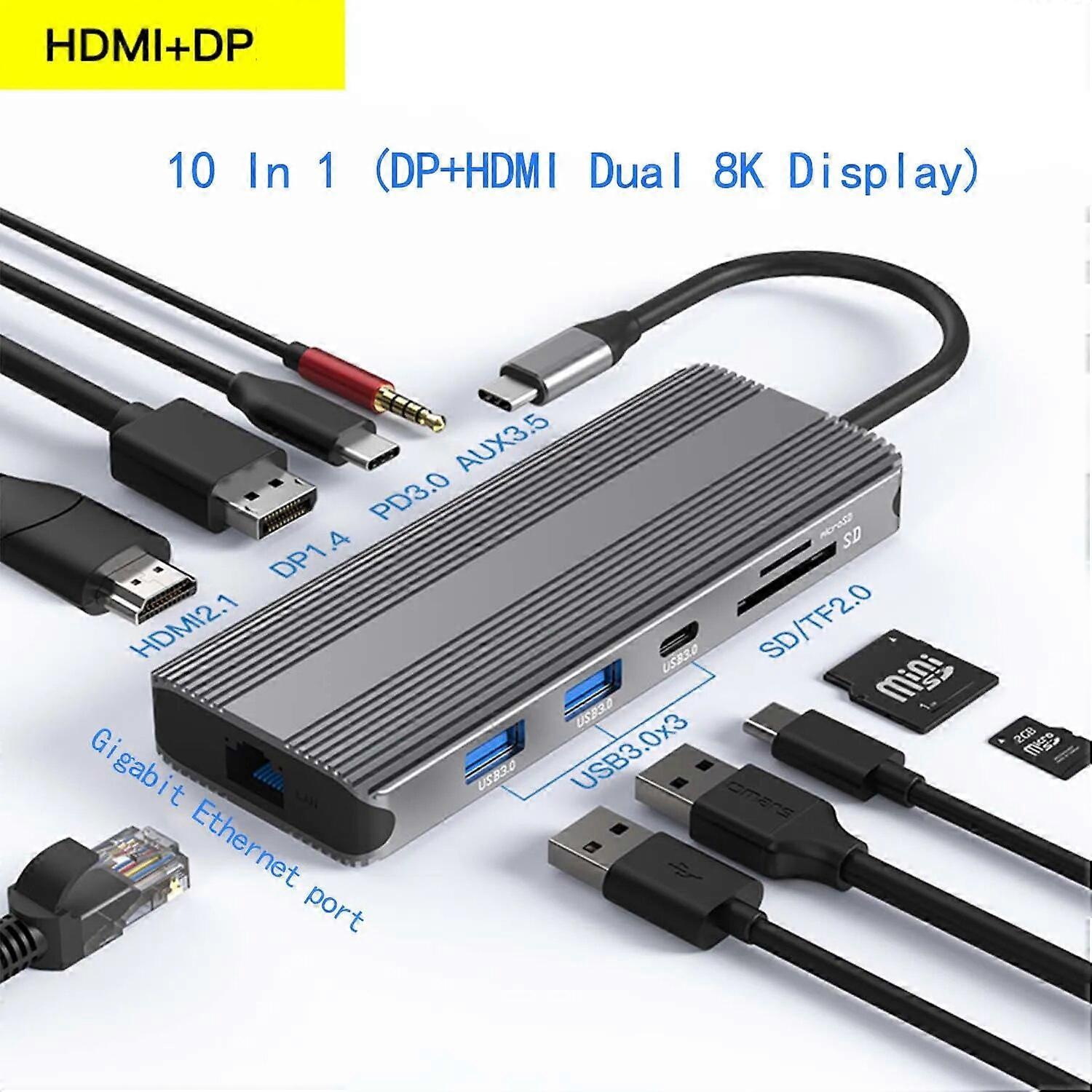 10 In 1 USB 3.0 Type C Docking Station Dual HDMI DP Gigabit USB Adapter Dock Splitter for Notebook Phone