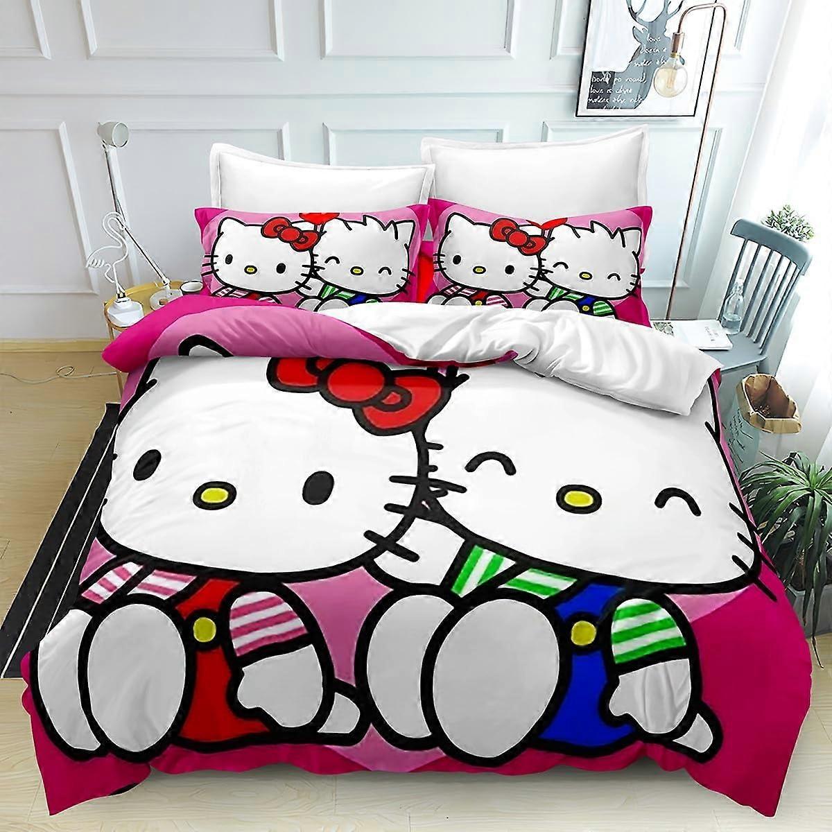 i123 غطاء لحاف أنيمي لحاف مرحبا مجموعة غطاء لحاف كيتي 3 قطع طقم غطاء لحاف مطبوع مع أكياس وسائد سهلة العناية واليد الناعمة