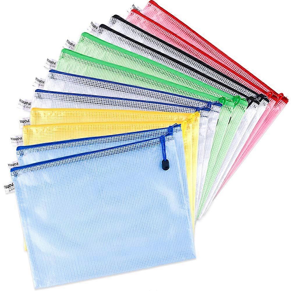 12 Pcs A4 Zipper File Bags Mesh Document Plastic Wallet Bags for Office Supplies,Cosmetic,Bills Storage,6 Colors