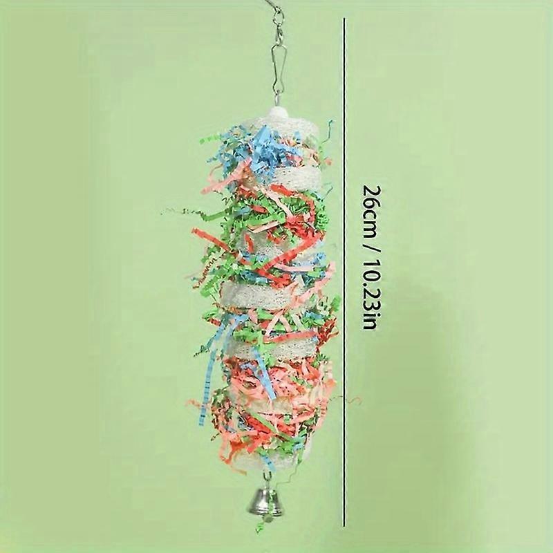 1pc Vibrant Colorful Parrot Chew Toy - Interactive Bell & Natural Loofah Foraging Toy - Durable Cage Accessories for Birds Entertainment and Beak Exer