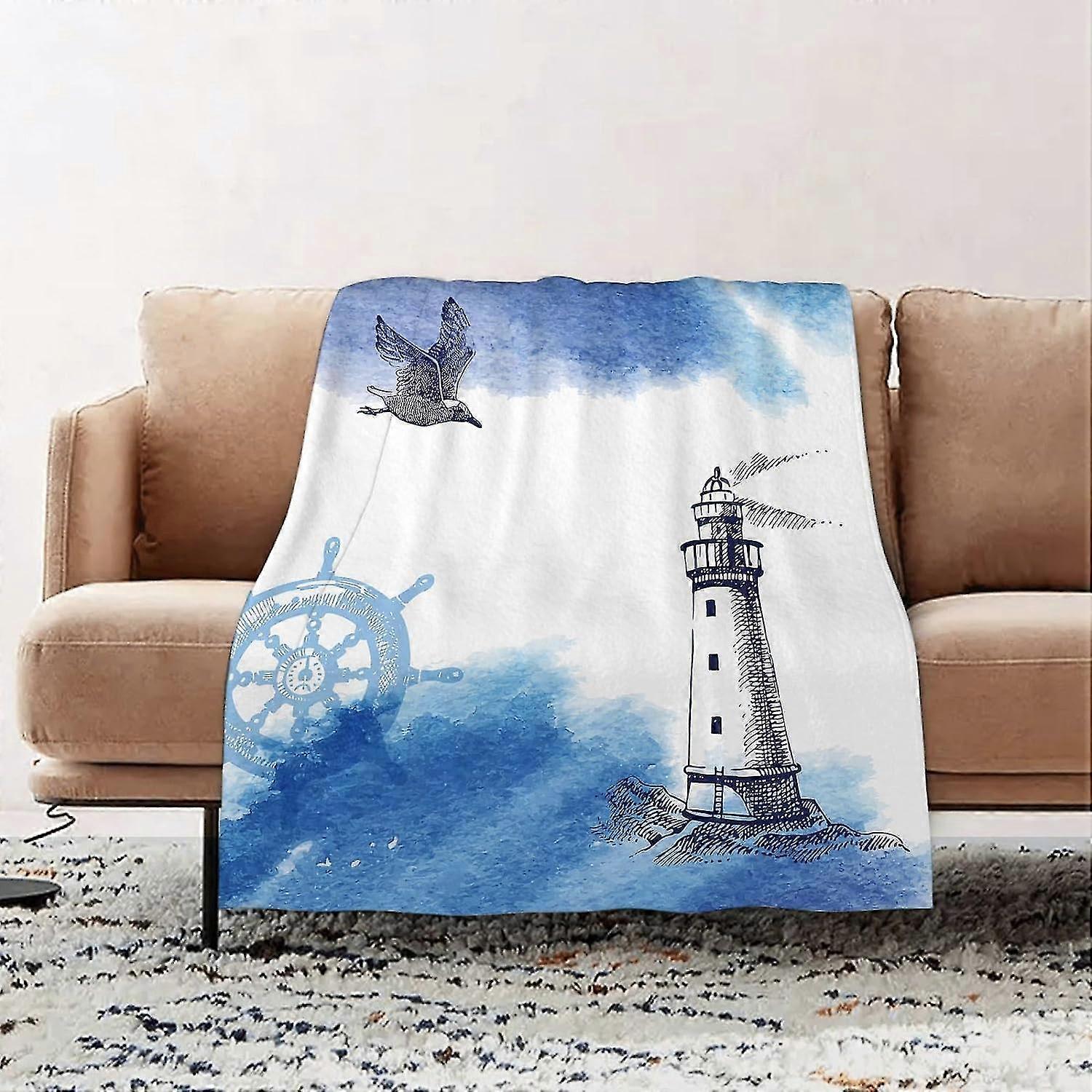 أريكة بطانية توضيح بالألوان المائية لمنارة في بحر أزرق عاصف مع أمواج متلاطمة مع بطانيات الفانيلا البيضاء ، Throids10592