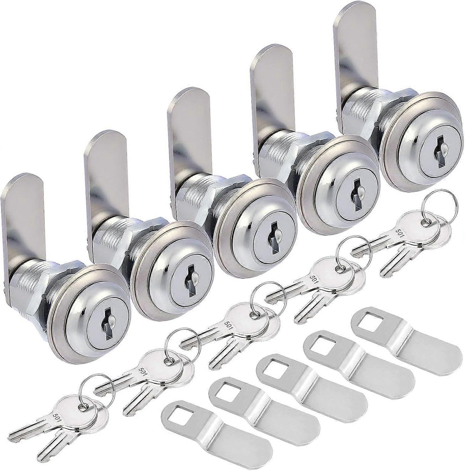 5 Pack Cabinet Cam Locks, 1-1/8 Inch Keyed Alike, Secure Cam Locks for File Drawer, Dresser, Mailbox, RV, Replacement Cylinder, Zinc Alloy, Chrome Fin