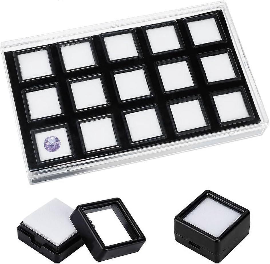 15 Pack Gemstone Display Box 1.1x1.1x0.65inch Black Diamond Display Case Jewelry Box Container with Clear Glass Window for Treat Gems Coins Diamond