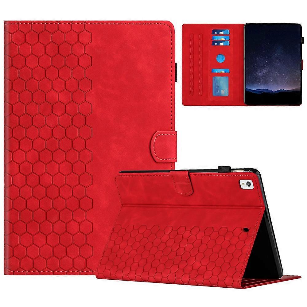 For iPad 10.2 (2021) (2020) (2019) Case Honeycomb Printed Leather Tablet Cover with Card Slot - Red