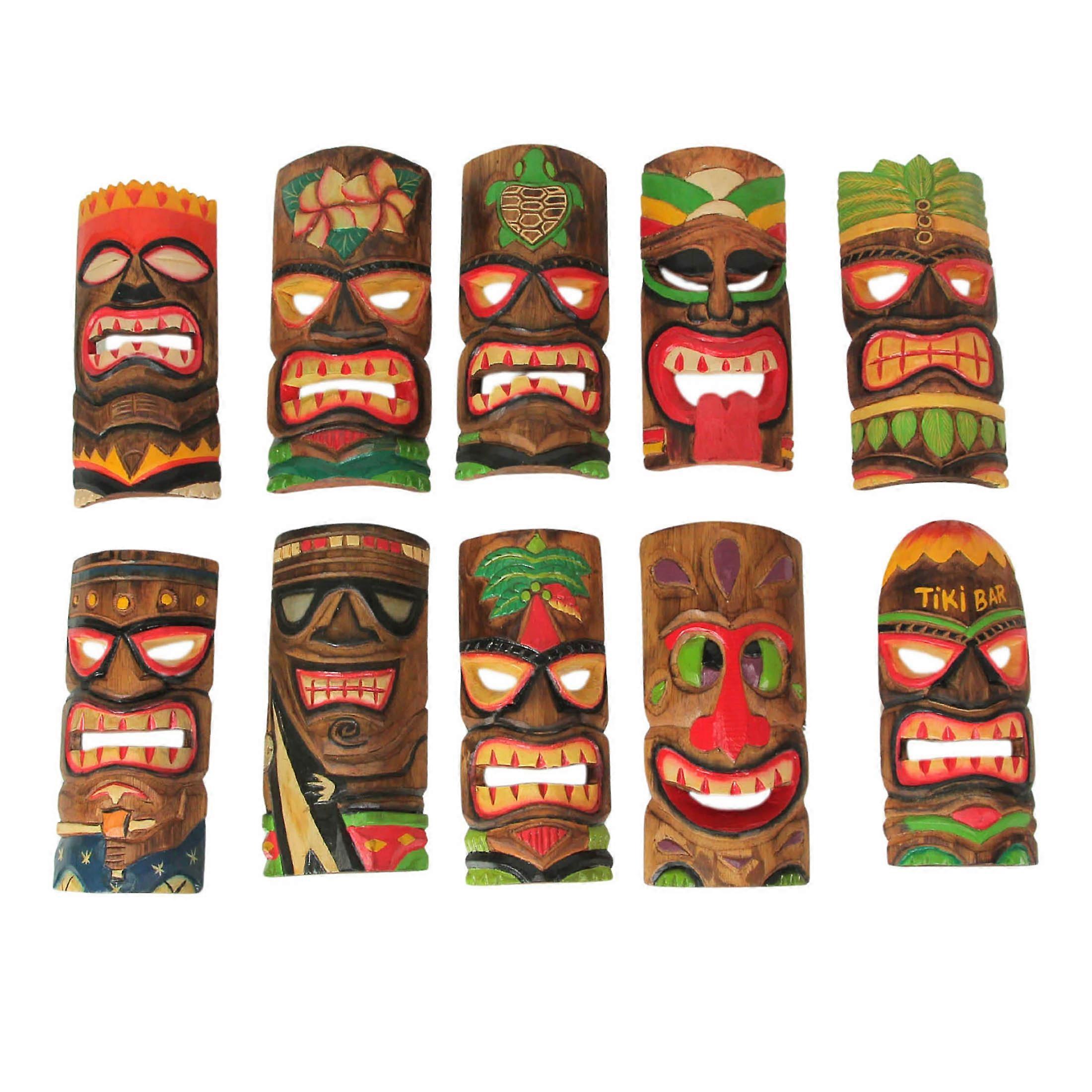 10 stk polynesisk fest håndskåret træ ø væg hængende tiki masker -10 inches høj - håndværker udformet - perfekt til indendørs og udendørs tropisk atmosfære
