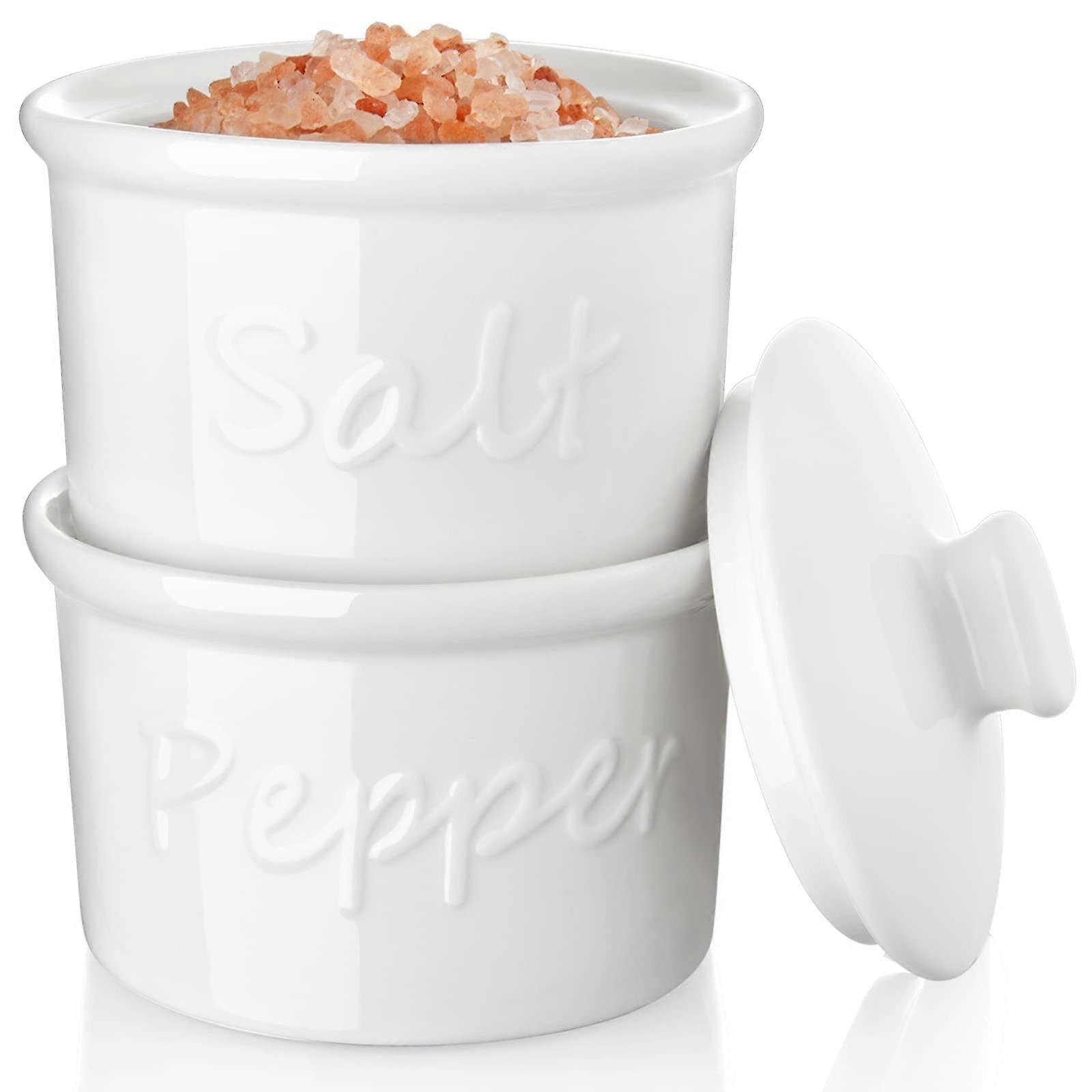 Set of 2 Stackable 9oz Ceramic Salt and Pepper Bowls with Lids for Kitchen, Salt Cellar Containers