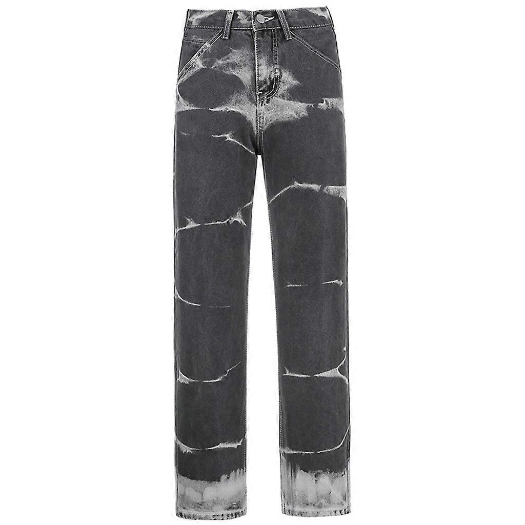 نسائي عالية الخصر مستقيم الساق الجينز خمر تباين اللون التعادل صبغ المطبوعة بنطلون الدنيم Harajuku الهيب هوب فضفاض تناسب بنطلون أناقة الشارع مع