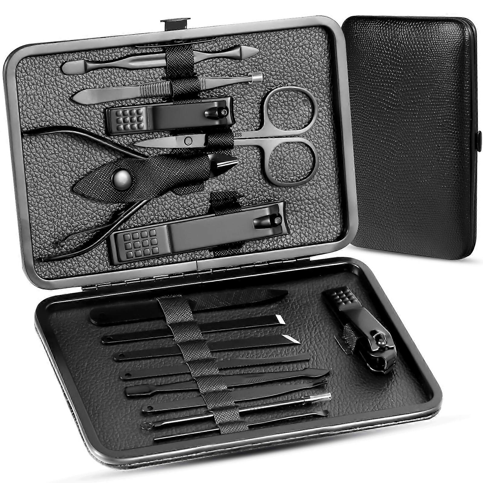 Manicure Pedicure Kit 15 Pieces Nail Clippers Set with Scissors for Fingernails & Toenails in Gray/Black Travel Case