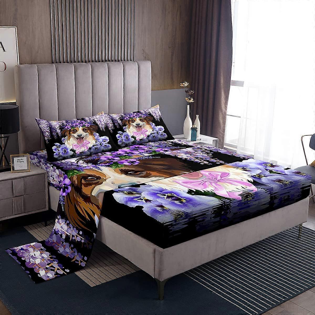 Cute Puppy Fitted Sheet Set Twin Size Deep Pocket Violet Floral Cartoon Farm Animal Pattern Bed Sheets