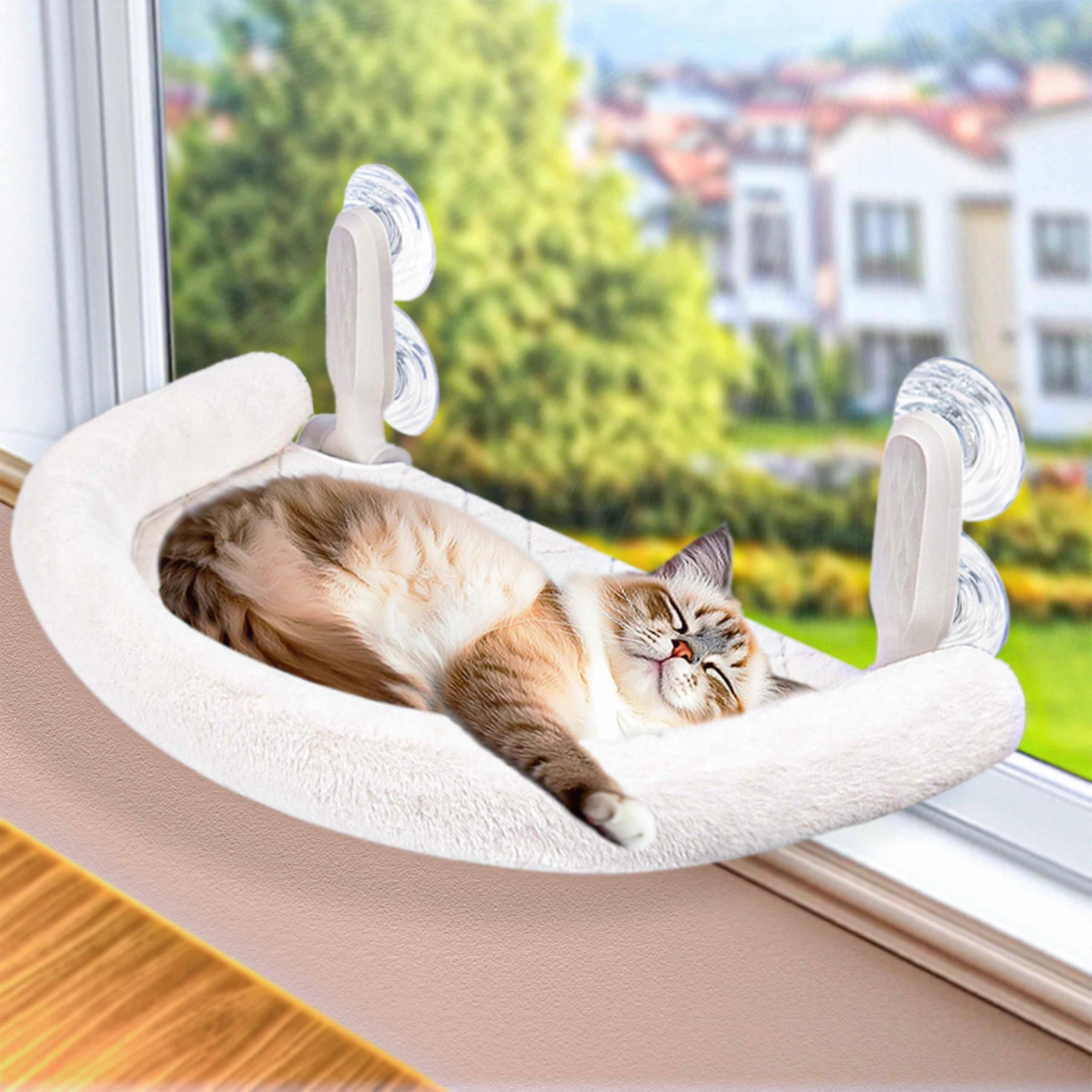 Cat Window Perch & Hammock - Exquisite Soft Wool Fleece, Safe & Comfortable Design with 4 Strong Suction Cups - Ideal for Large Cats (White, Large)