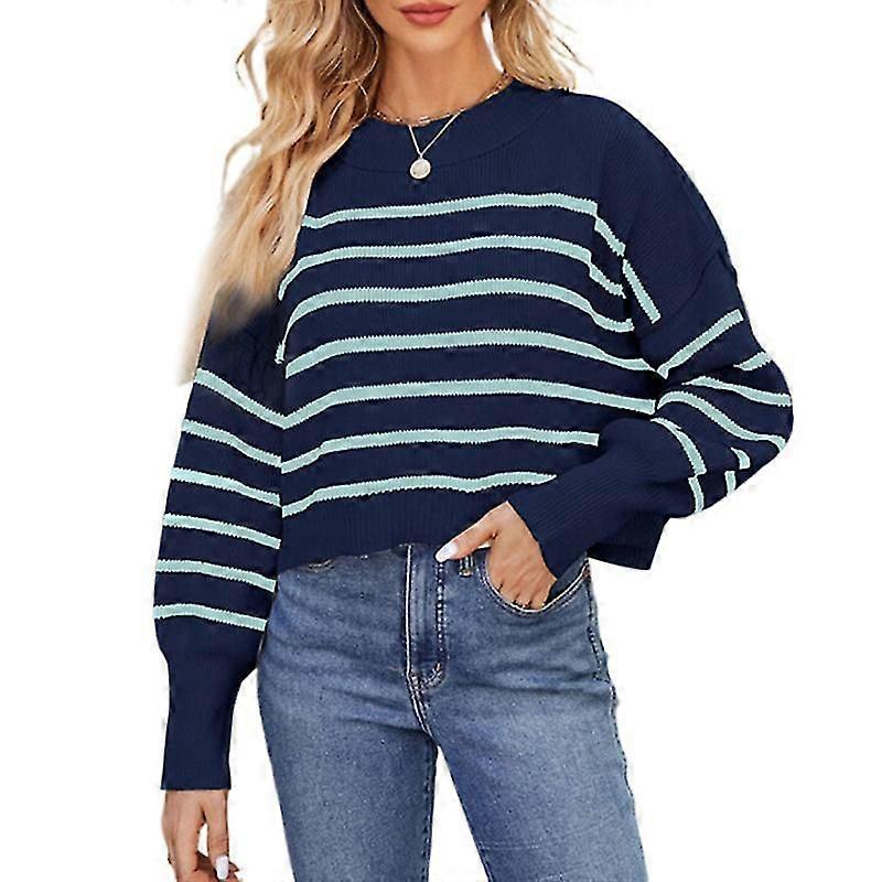 Damen Herbst Cropped Striped Pullover Langarm Rundhalsausschnitt Winter Tops Pullover