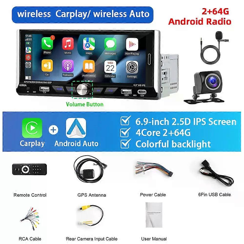 Podofo 1Din Android Car Radio 2+64G Multimedia Player 6.9'' Carplay Android Auto GPS Navigation WIFI Bluetooth 1080P Car Stereo