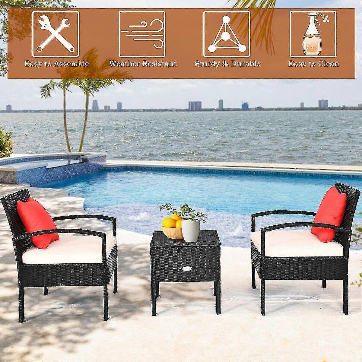 3pcs Patio Rattan Furniture Set Storage Table Cushioned Sofa
