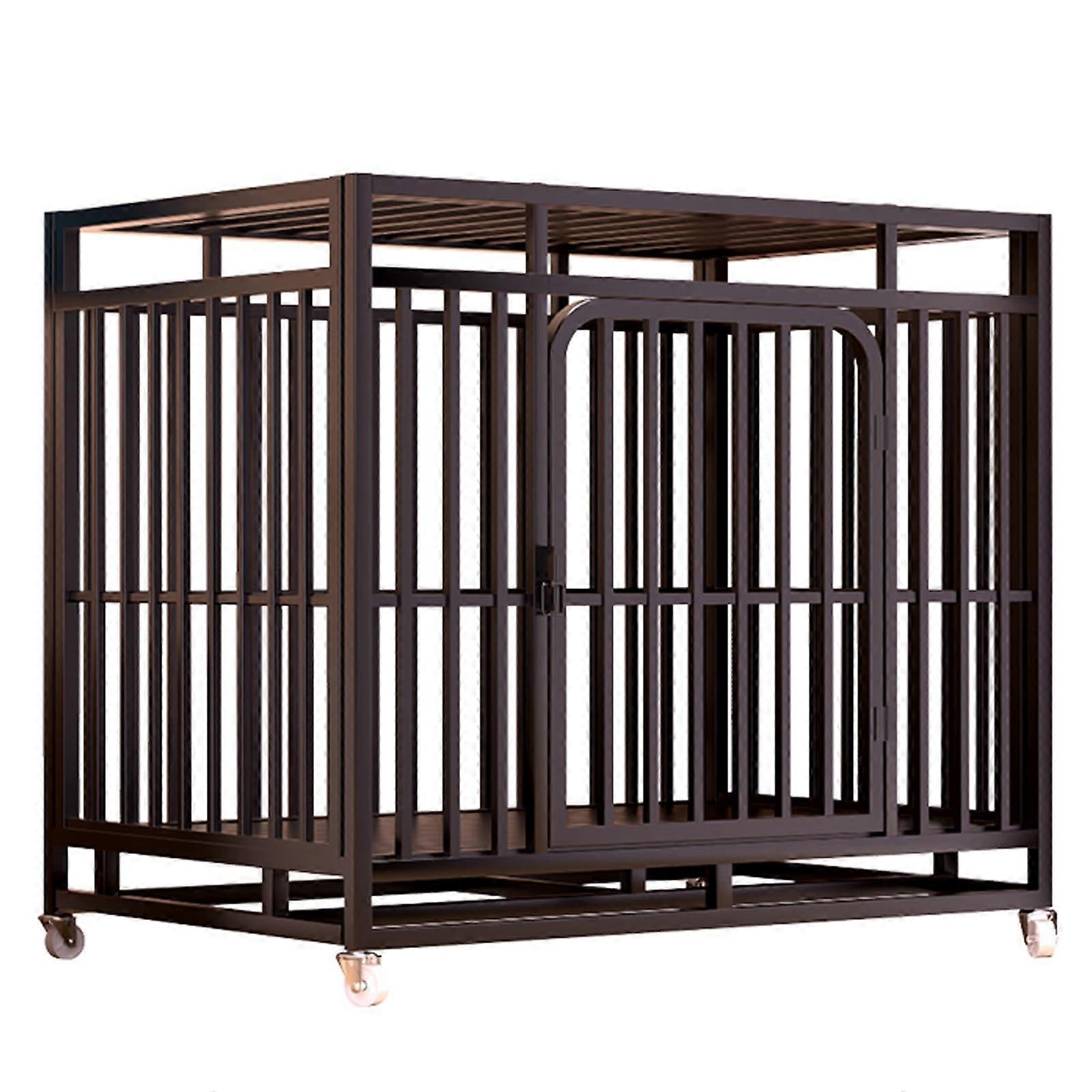 Stainless steel dog crate with removable tray and lockable wheels, escapeproof kennel for secure pet containment 110CM